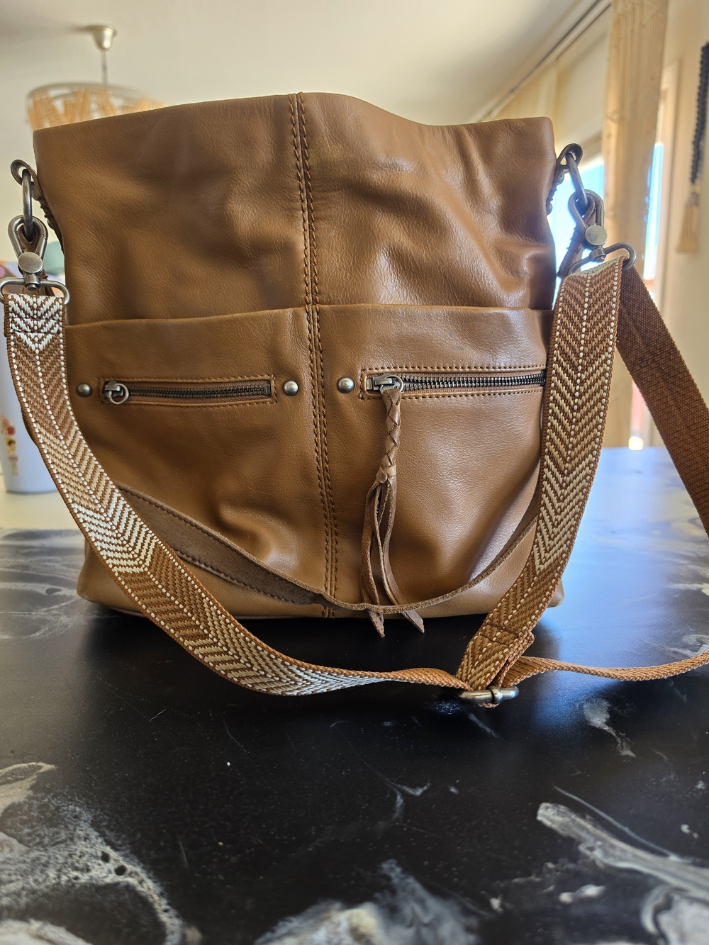 Women's Brown Leather Crossbody Bag with Patterned Strap